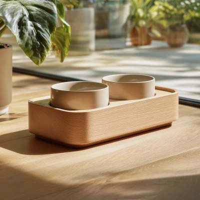 Compact Wooden Pet Feeding Tray With Dual Bowls