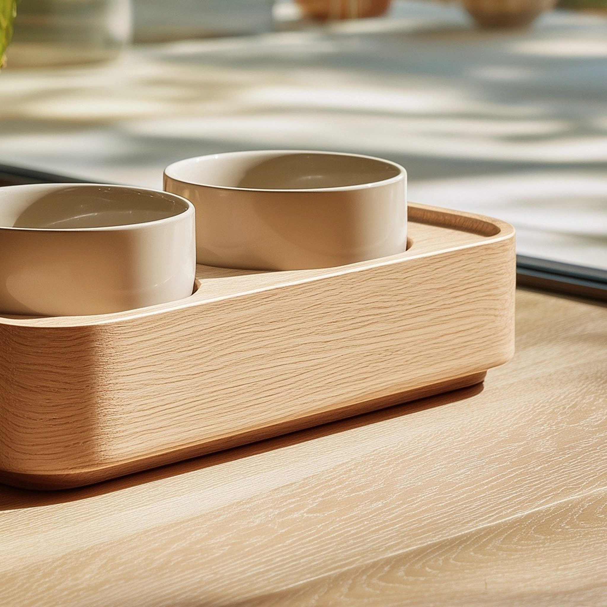 Compact Wooden Pet Feeding Tray With Dual Bowls - Image 4