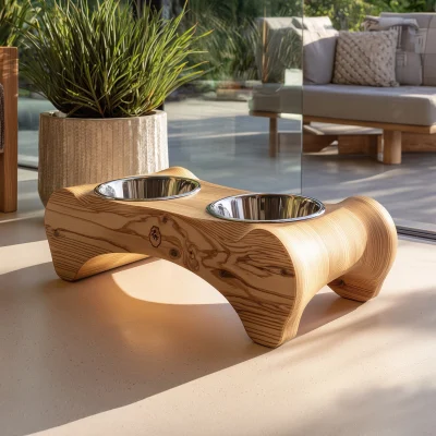Curved Wooden Raised Pet Feeding Stand With Dual Bowls