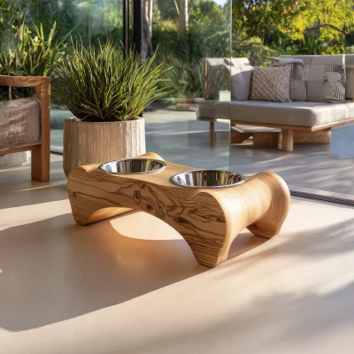 Alternative view of Curved Wooden Raised Pet Feeding Stand With Dual Bowls