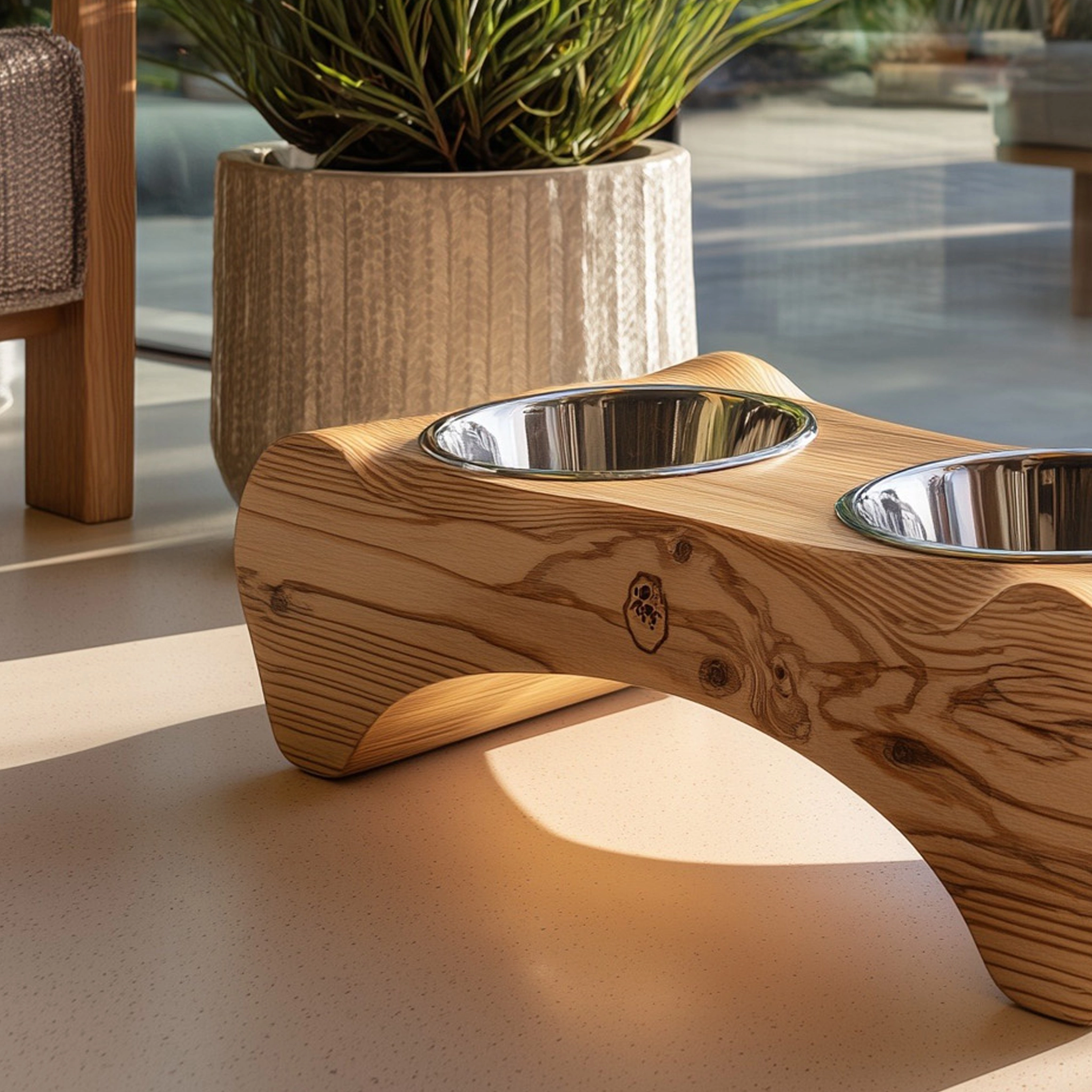 Curved Wooden Raised Pet Feeding Stand With Dual Bowls - Image 3
