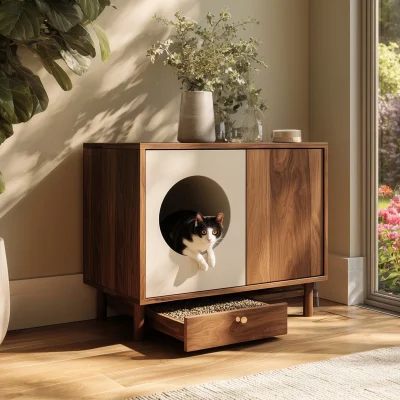 Indoor Wooden Cat Hideaway Cabinet With Drawer