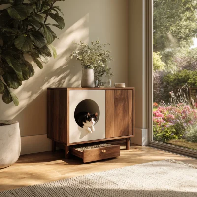 Alternative view of Indoor Wooden Cat Hideaway Cabinet With Drawer