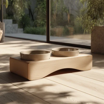 Minimal Low Profile Wooden Pet Bowl Stand With Dual Dishes