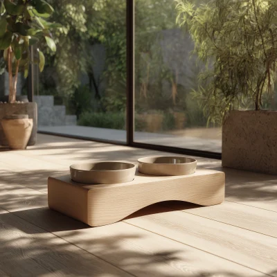 Alternative view of Minimal Low Profile Wooden Pet Bowl Stand With Dual Dishes