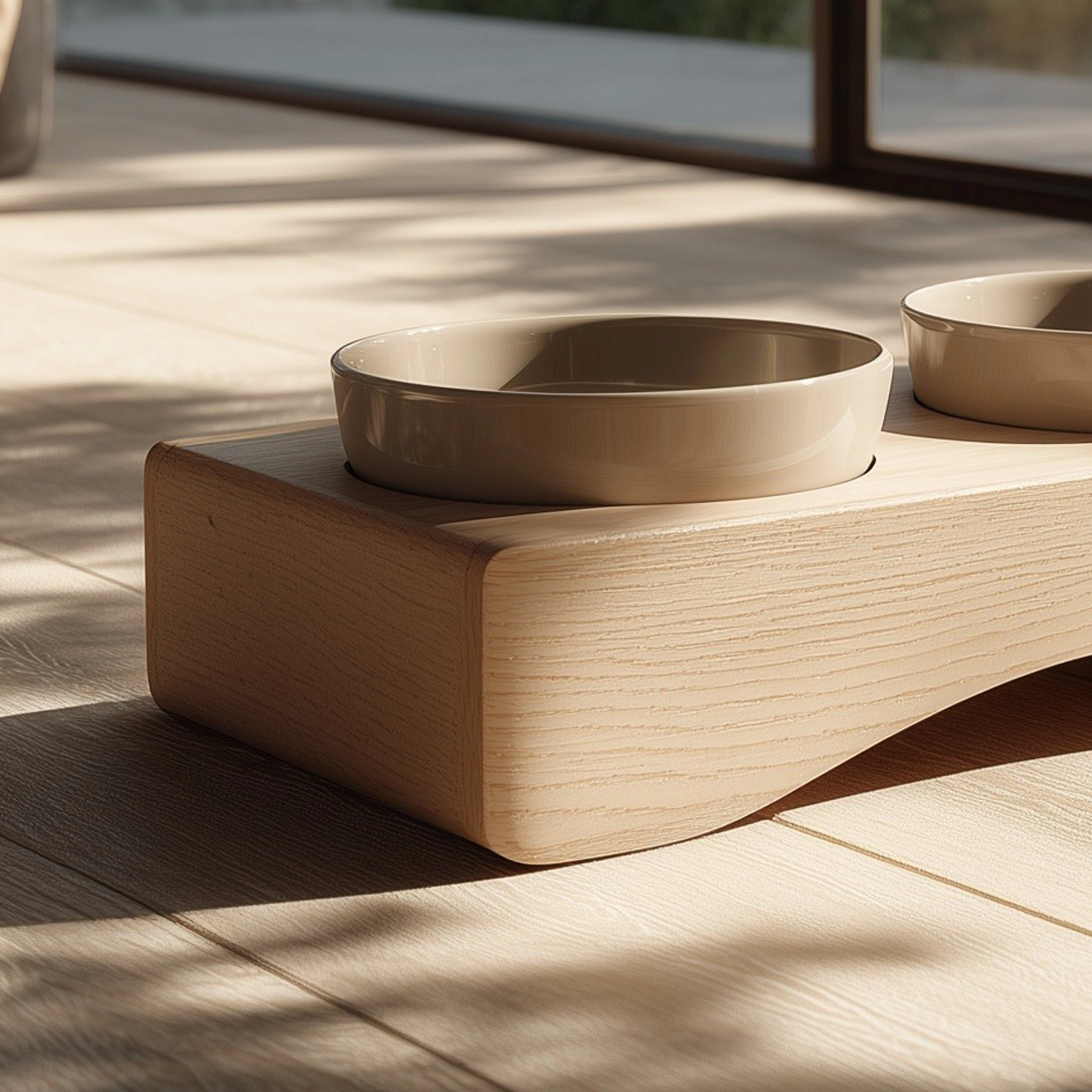 Minimal Low Profile Wooden Pet Bowl Stand With Dual Dishes - Image 3