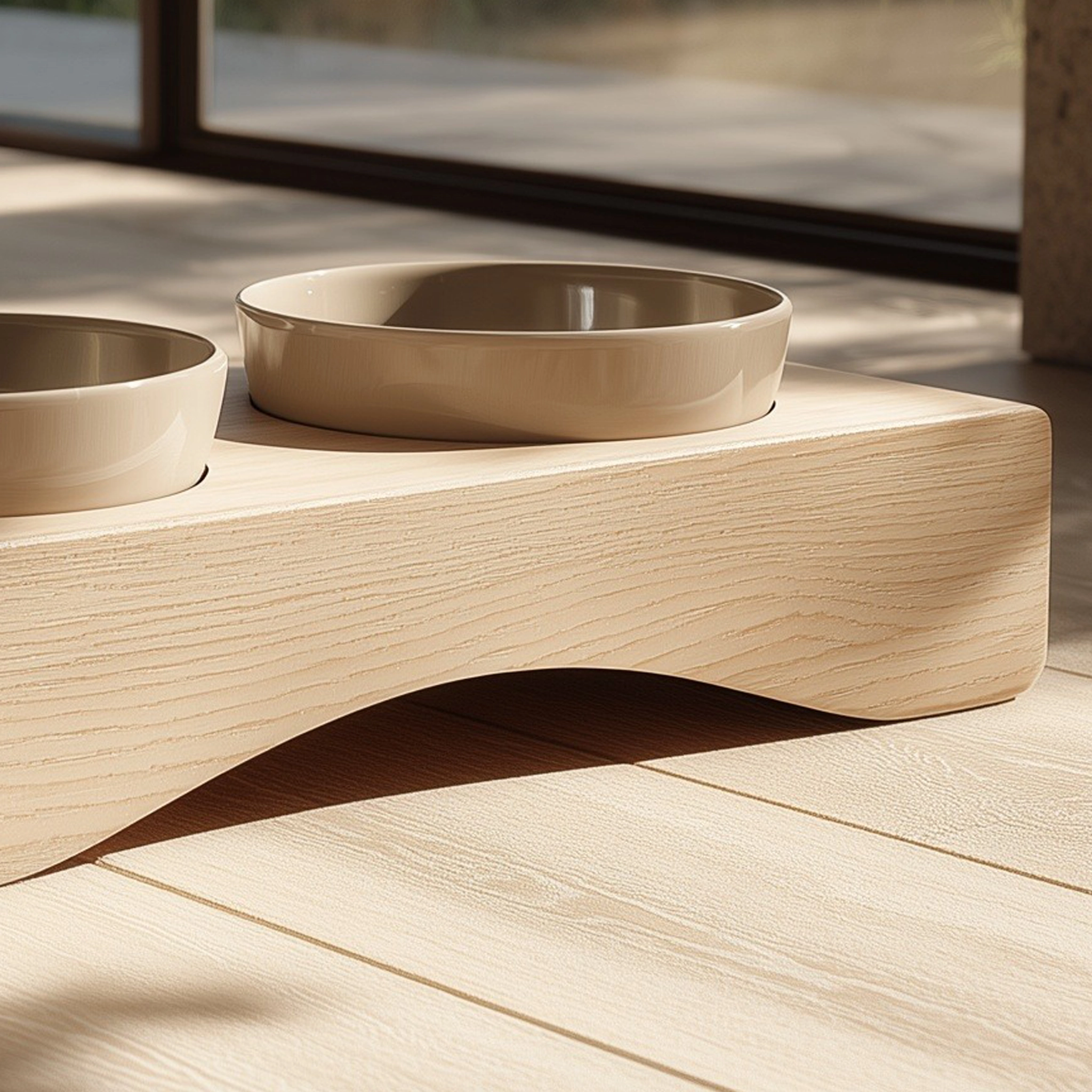 Minimal Low Profile Wooden Pet Bowl Stand With Dual Dishes - Image 4