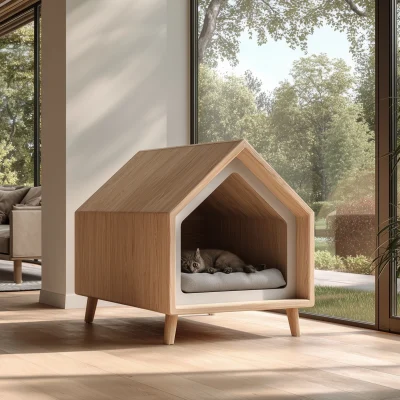 Minimal Wooden Cat House With Raised Legs
