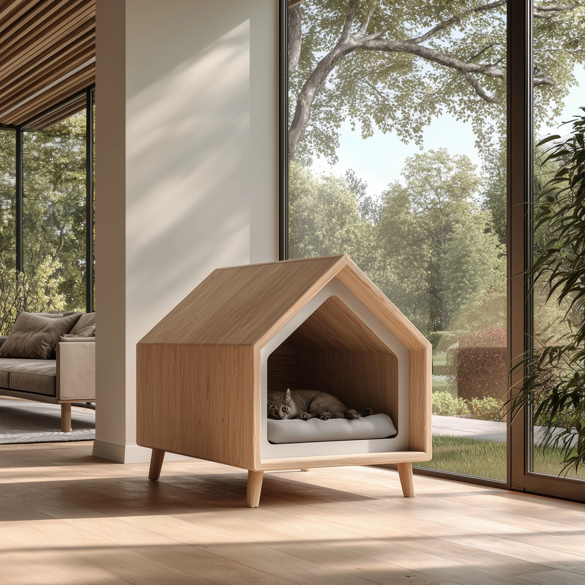 Minimal Wooden Cat House With Raised Legs - Image 2
