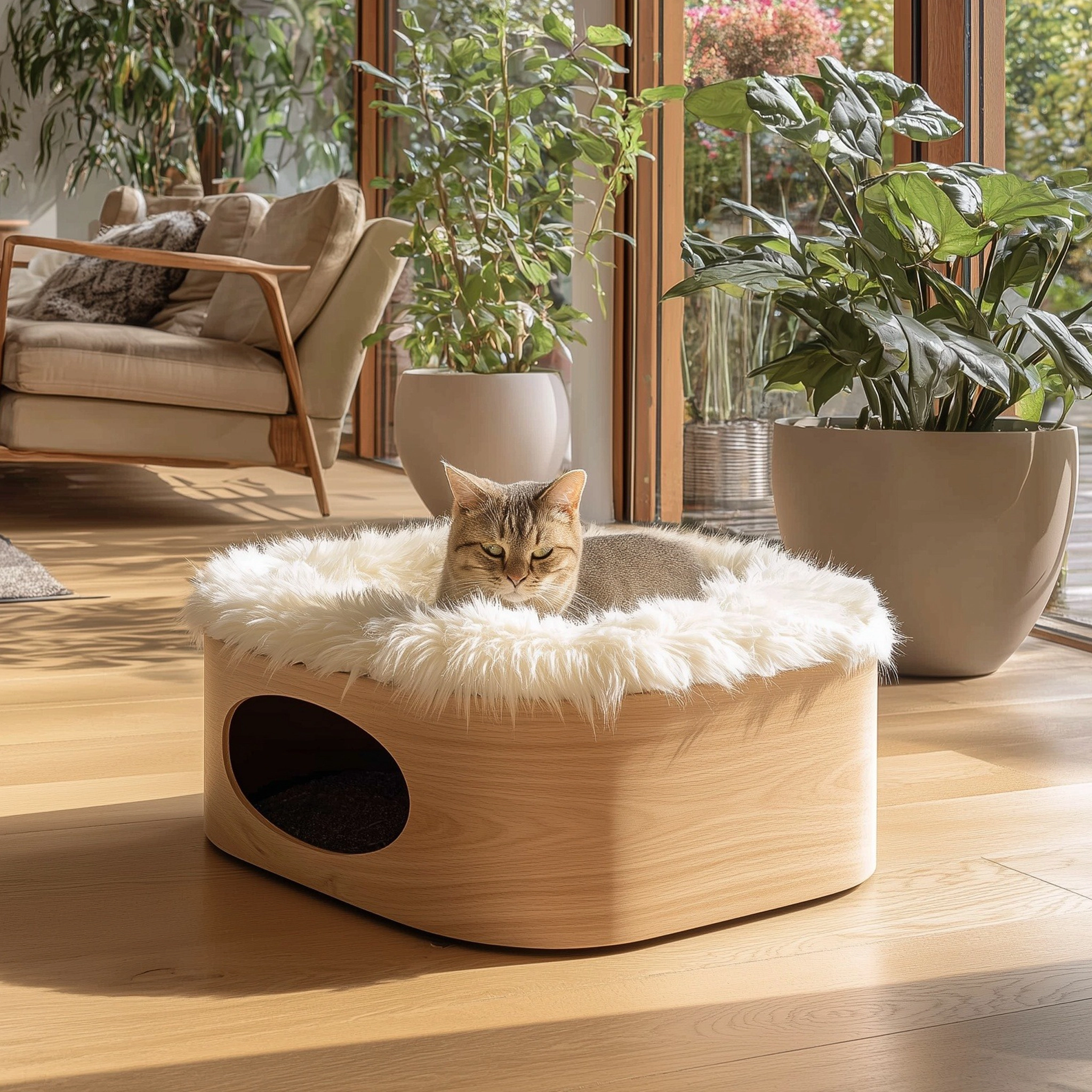 Minimal Wooden Cat Lounge Bed With Side Opening