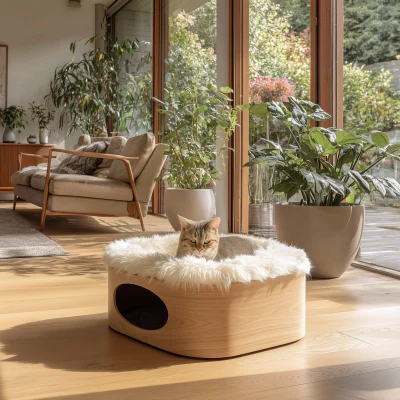 Alternative view of Minimal Wooden Cat Lounge Bed With Side Opening
