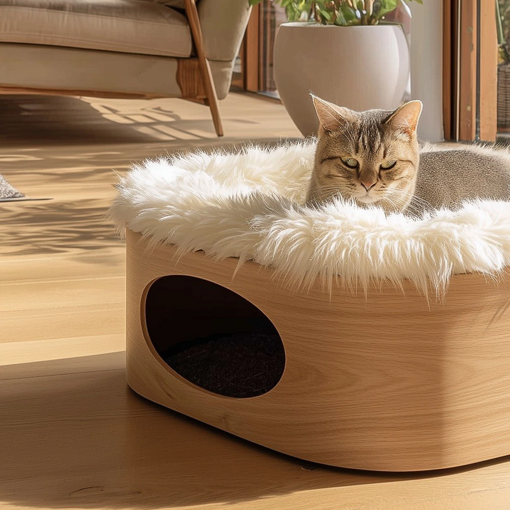 Minimal Wooden Cat Lounge Bed With Side Opening - Image 3