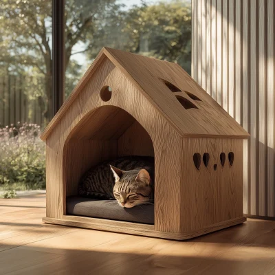 Minimal Wooden Cat Shelter House With Paw Cutouts