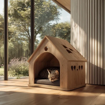 Alternative view of Minimal Wooden Cat Shelter House With Paw Cutouts