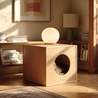 Minimal Wooden Cube Side Table With Cat Opening