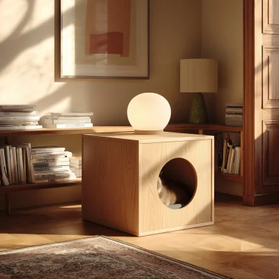 Alternative view of Minimal Wooden Cube Side Table With Cat Opening