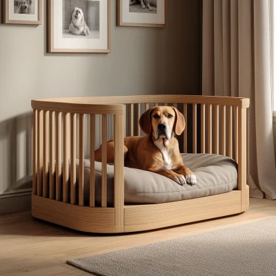 Minimal Wooden Dog Bed With Open Rail Frame