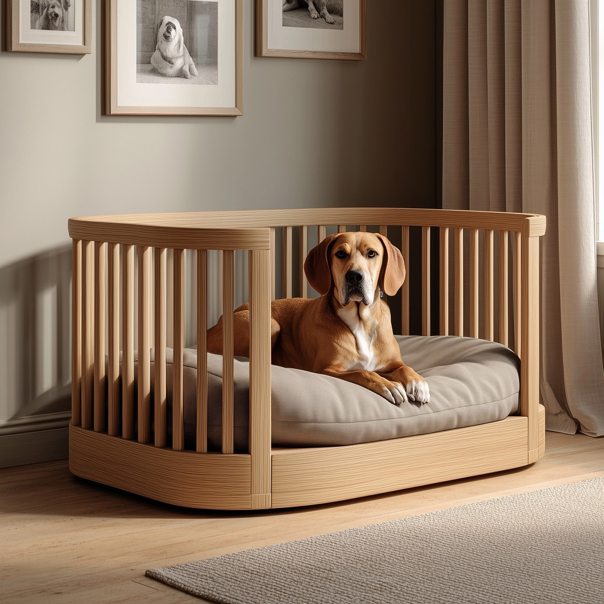 Minimal Wooden Dog Bed With Open Rail Frame