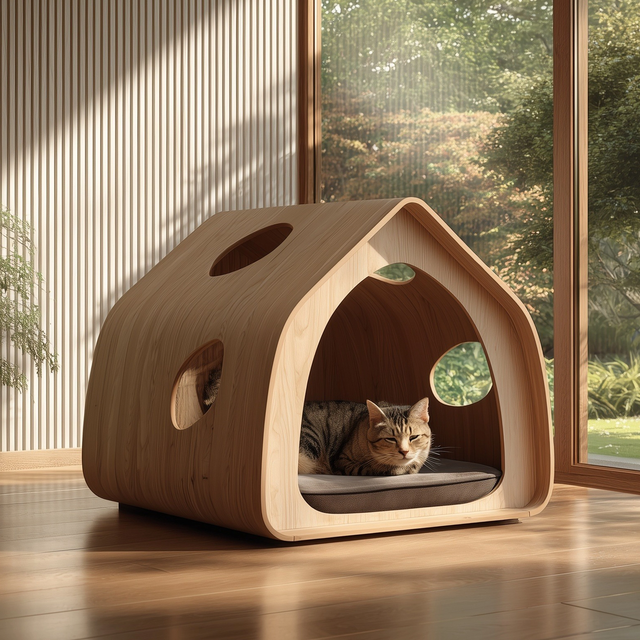 Minimal Wooden Pet Shelter House With Side Openings