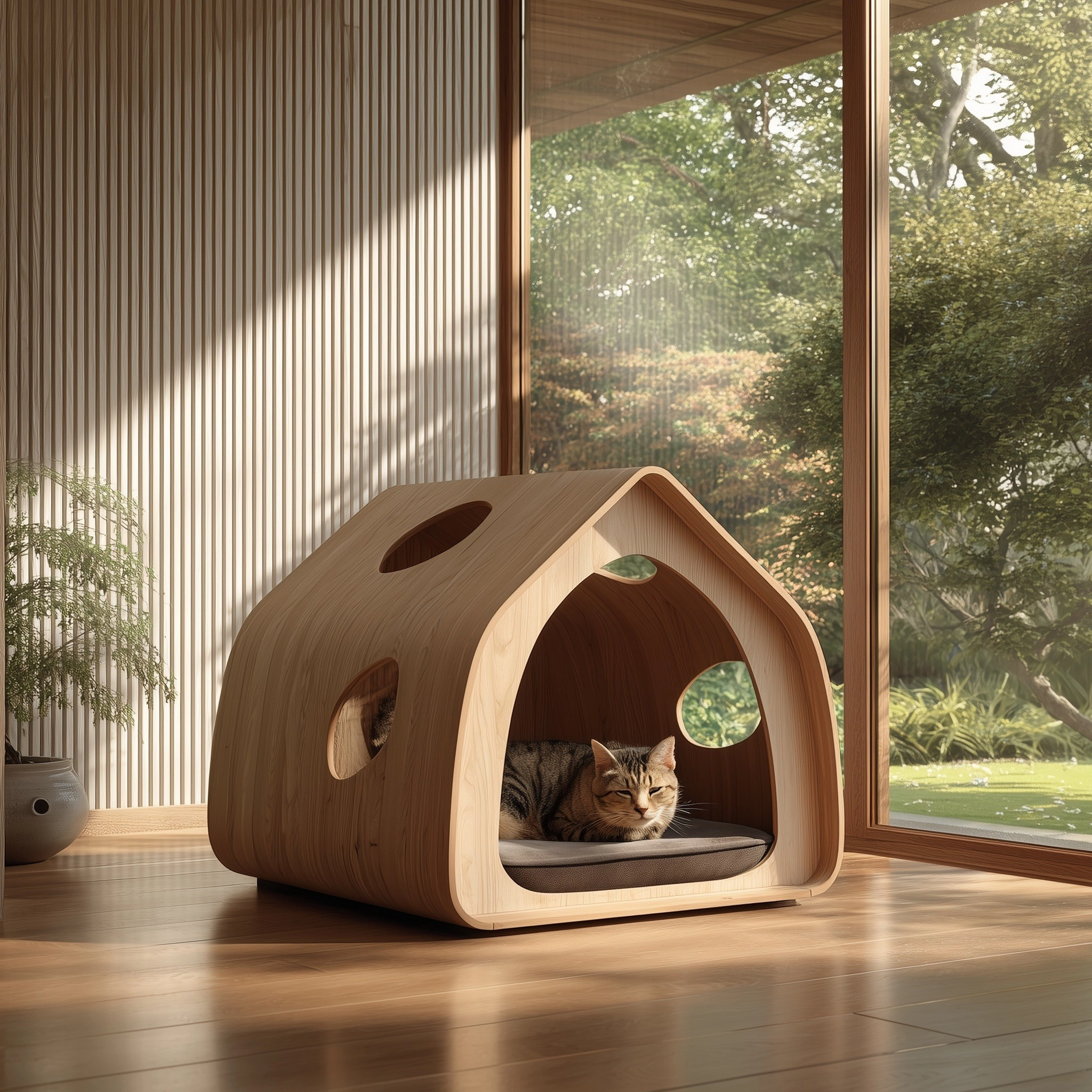 Minimal Wooden Pet Shelter House With Side Openings - Image 2