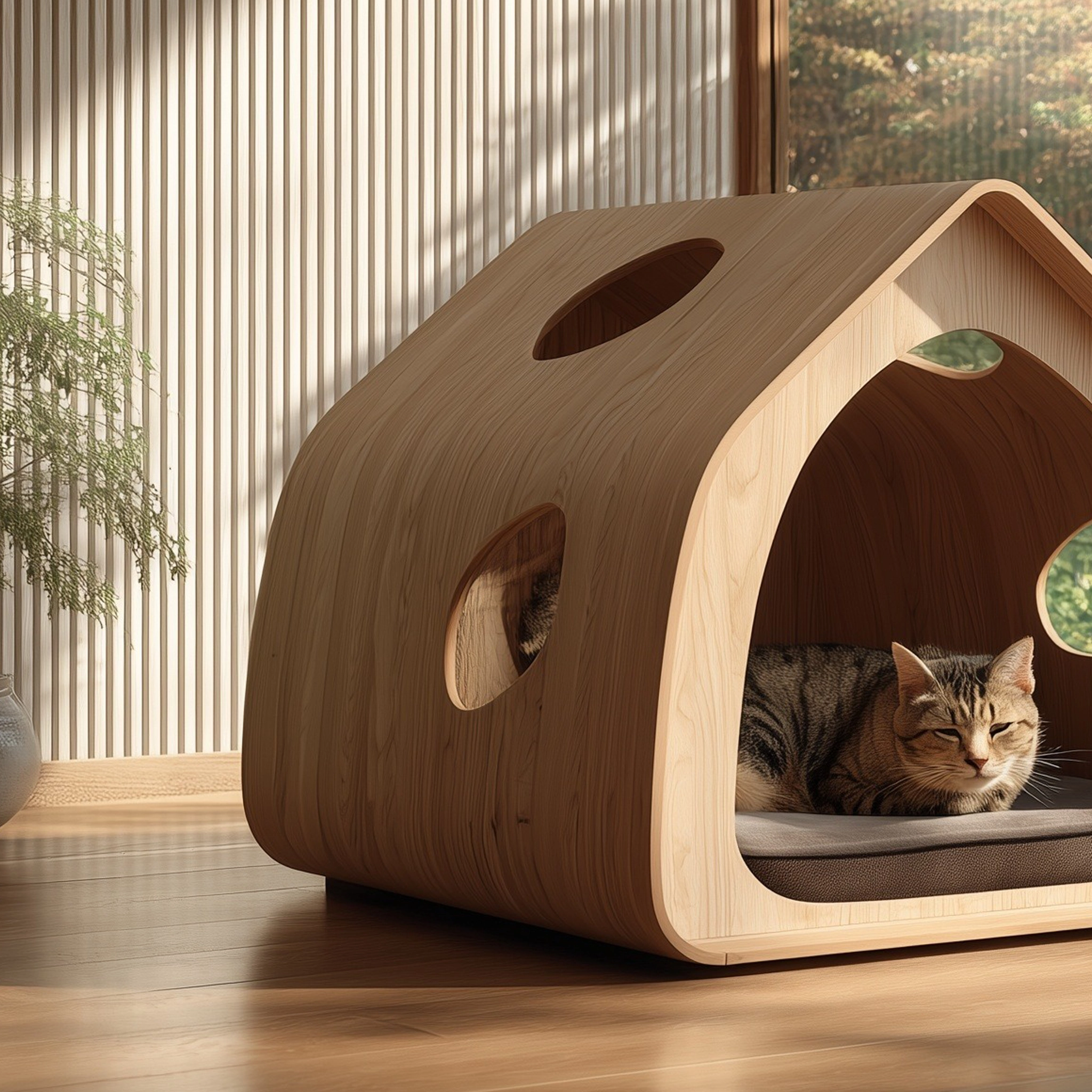 Minimal Wooden Pet Shelter House With Side Openings - Image 3