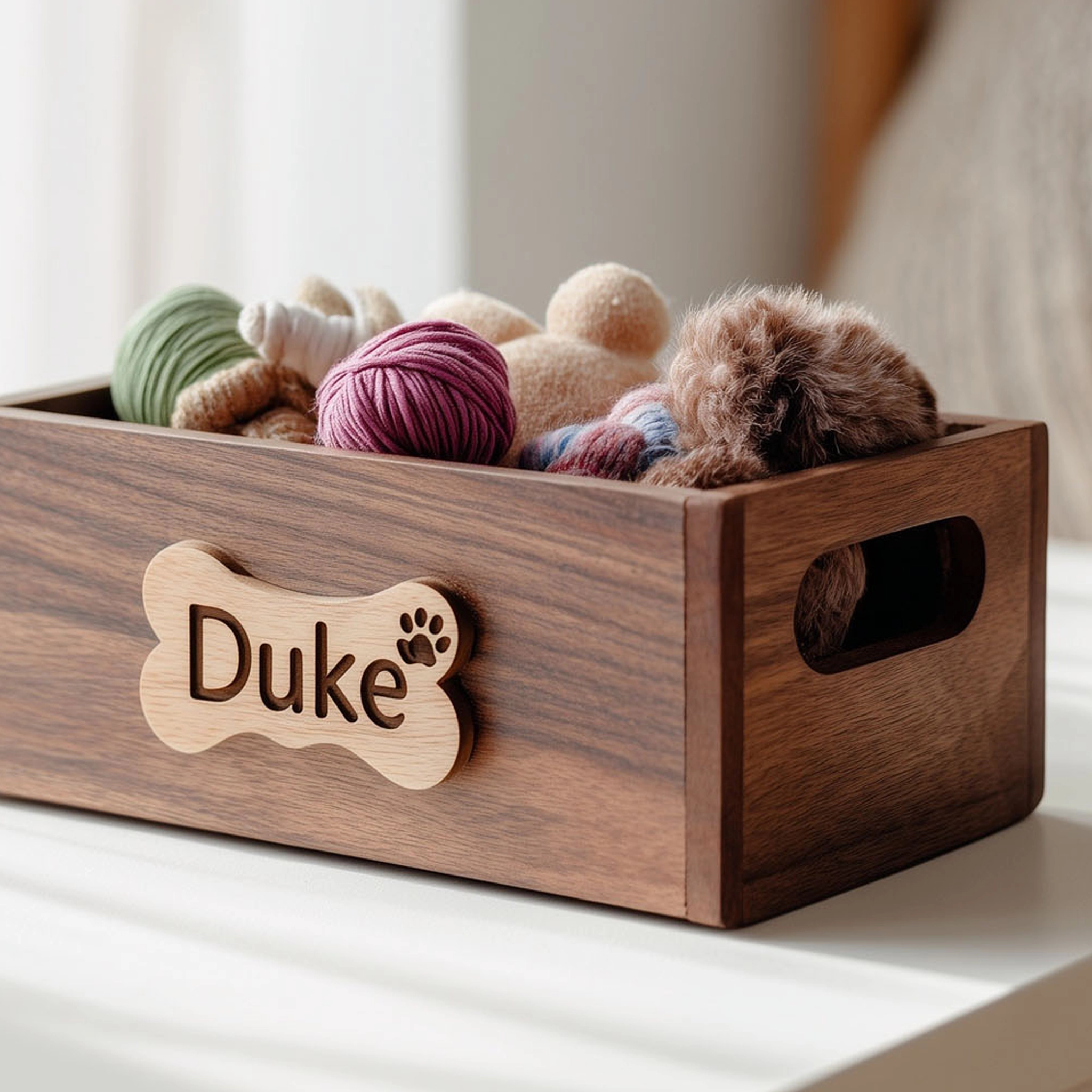 Minimal Wooden Pet Toy Storage Box With Name Plaque - Image 4