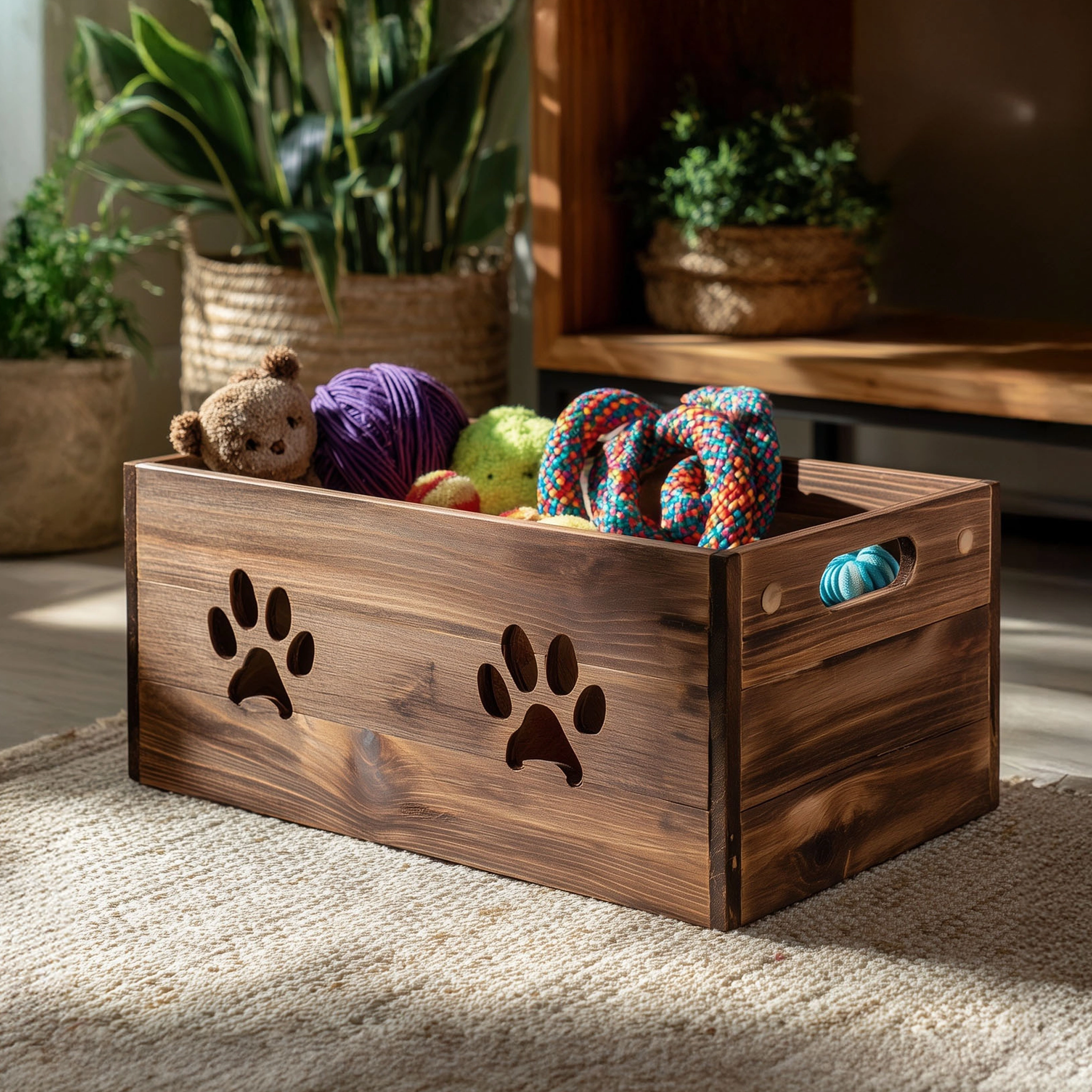 Minimal Wooden Pet Toy Storage Box With Paw Cutouts
