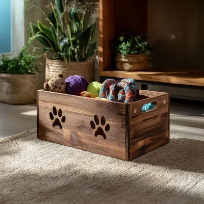 Alternative view of Minimal Wooden Pet Toy Storage Box With Paw Cutouts