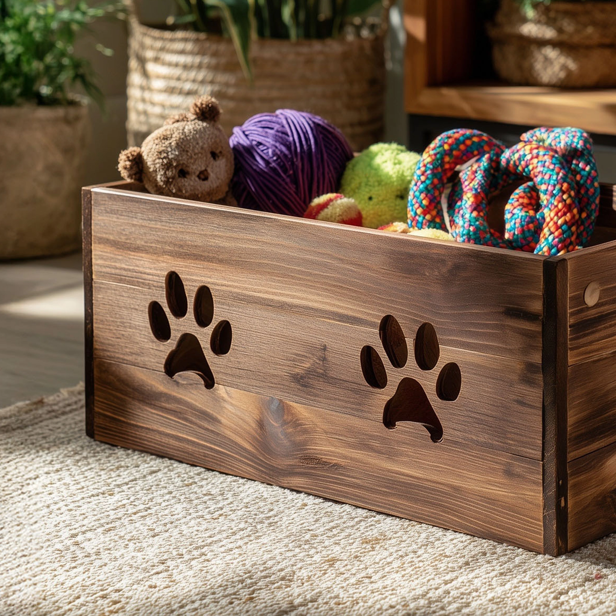 Minimal Wooden Pet Toy Storage Box With Paw Cutouts - Image 3