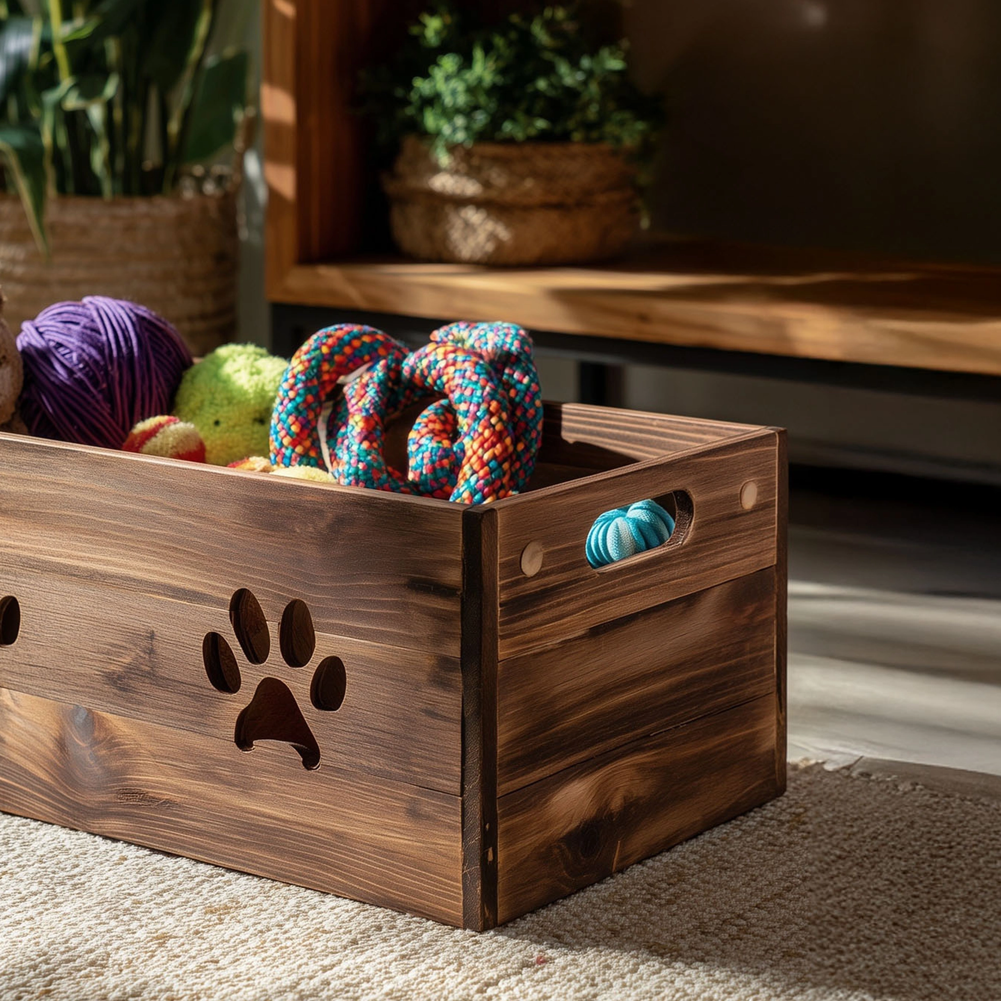 Minimal Wooden Pet Toy Storage Box With Paw Cutouts - Image 4