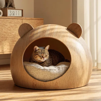 Minimalist Wooden Cat Hideaway Bed For Indoor Living