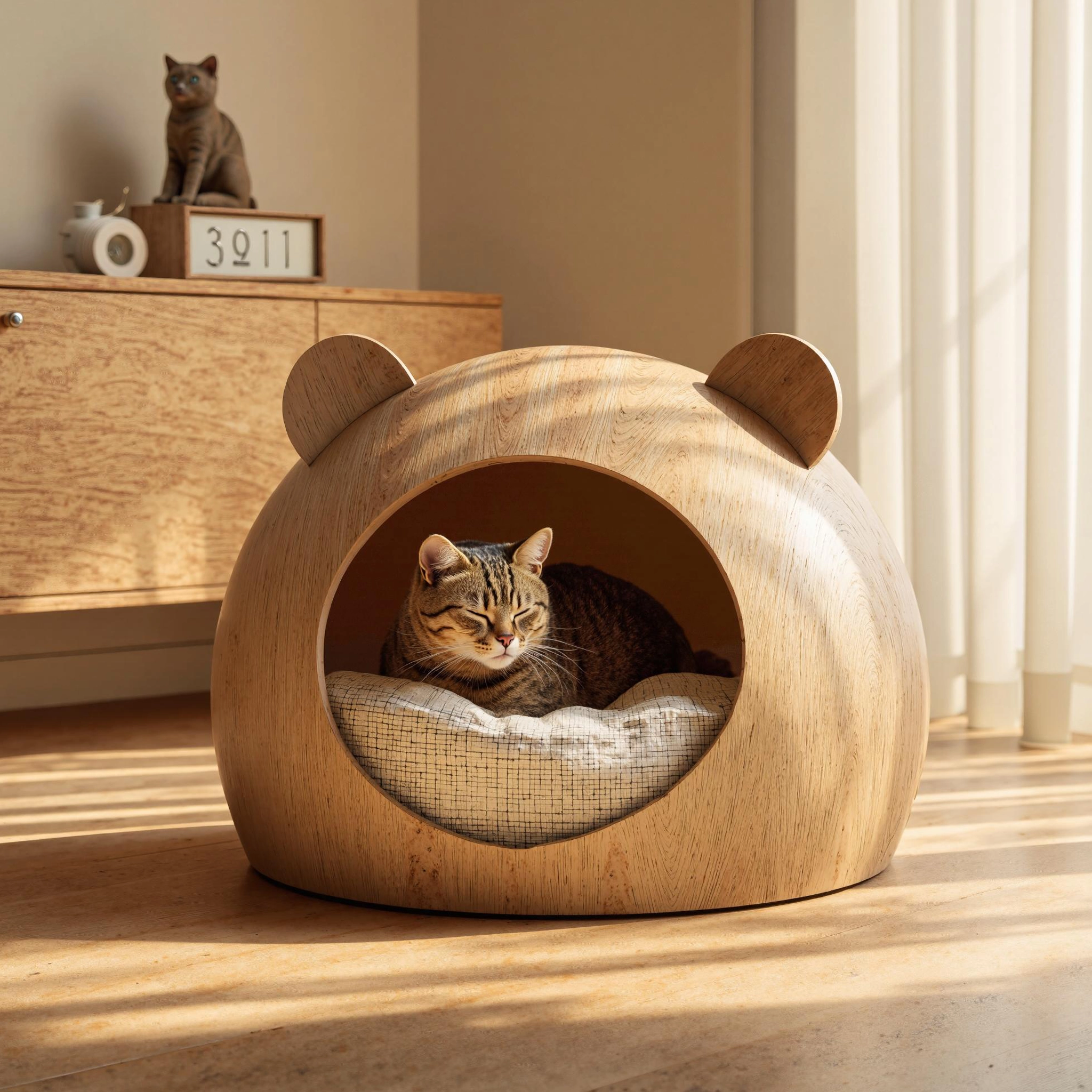 Minimalist Wooden Cat Hideaway Bed For Indoor Living - Image 2