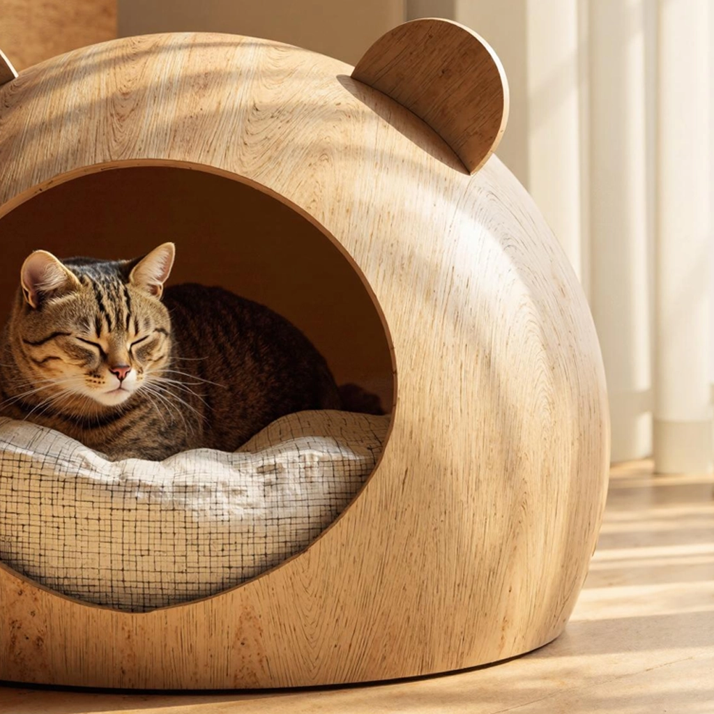 Minimalist Wooden Cat Hideaway Bed For Indoor Living - Image 4