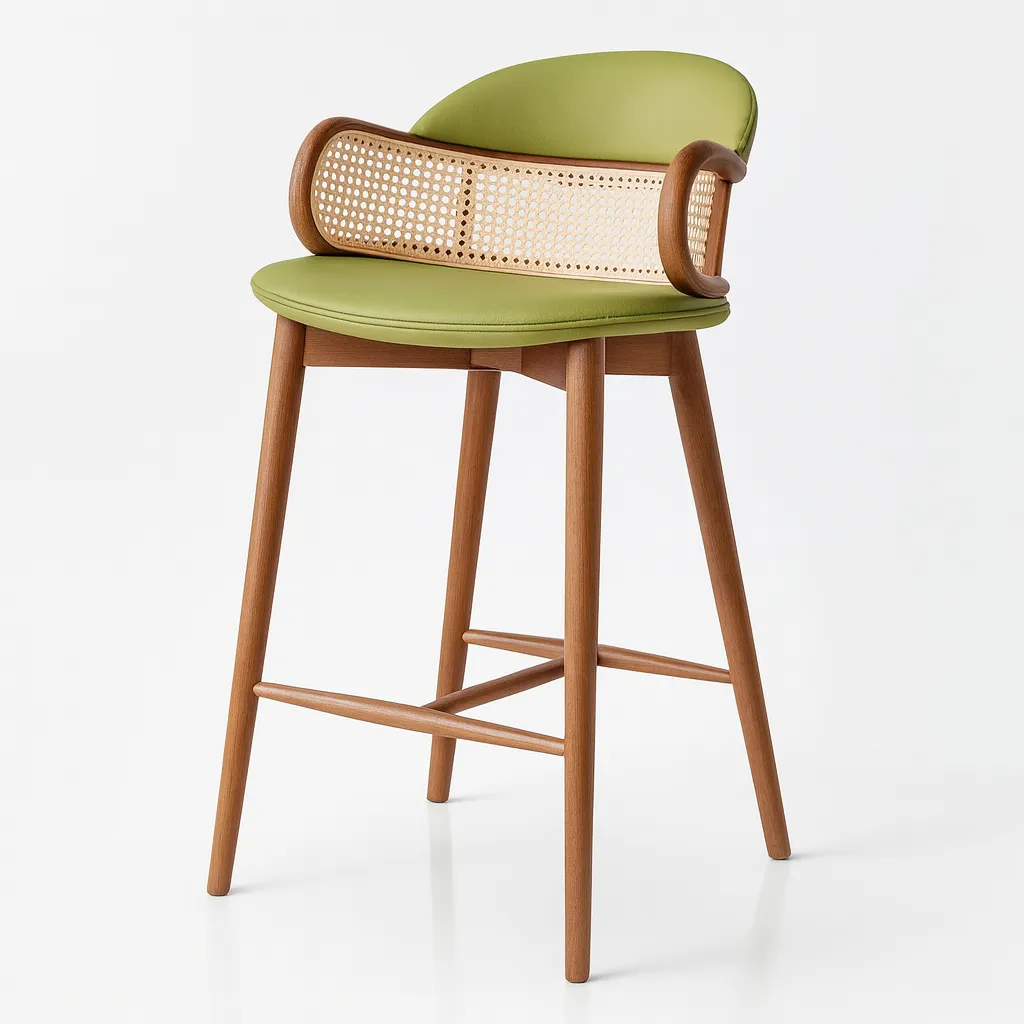 Modern Wooden Bar Stool With Cane Backrest And Armrests