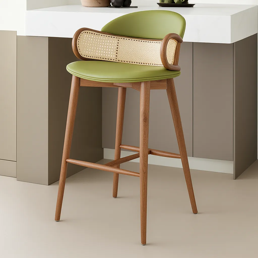 Modern Wooden Bar Stool With Cane Backrest And Armrests - Image 4