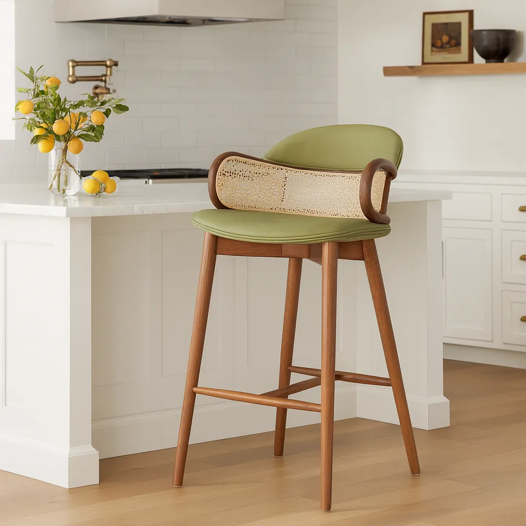 Modern Wooden Bar Stool With Cane Backrest And Armrests - Image 2