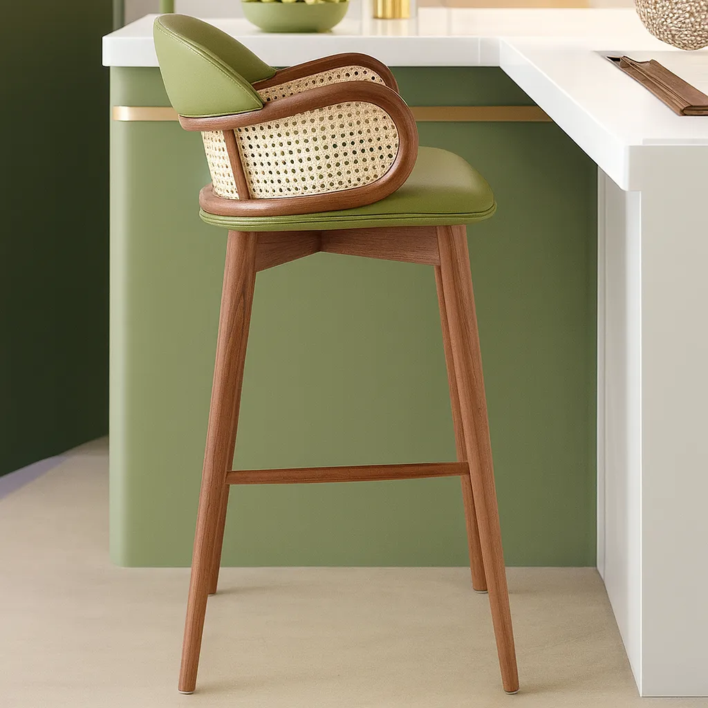 Modern Wooden Bar Stool With Cane Backrest And Armrests - Image 3