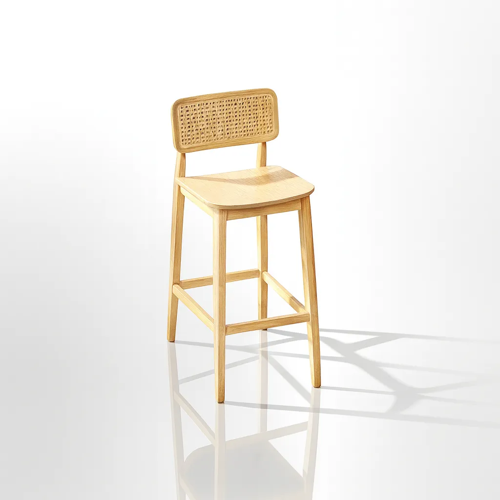 Modern Wooden Bar Stool With Rattan Backrest For Kitchen