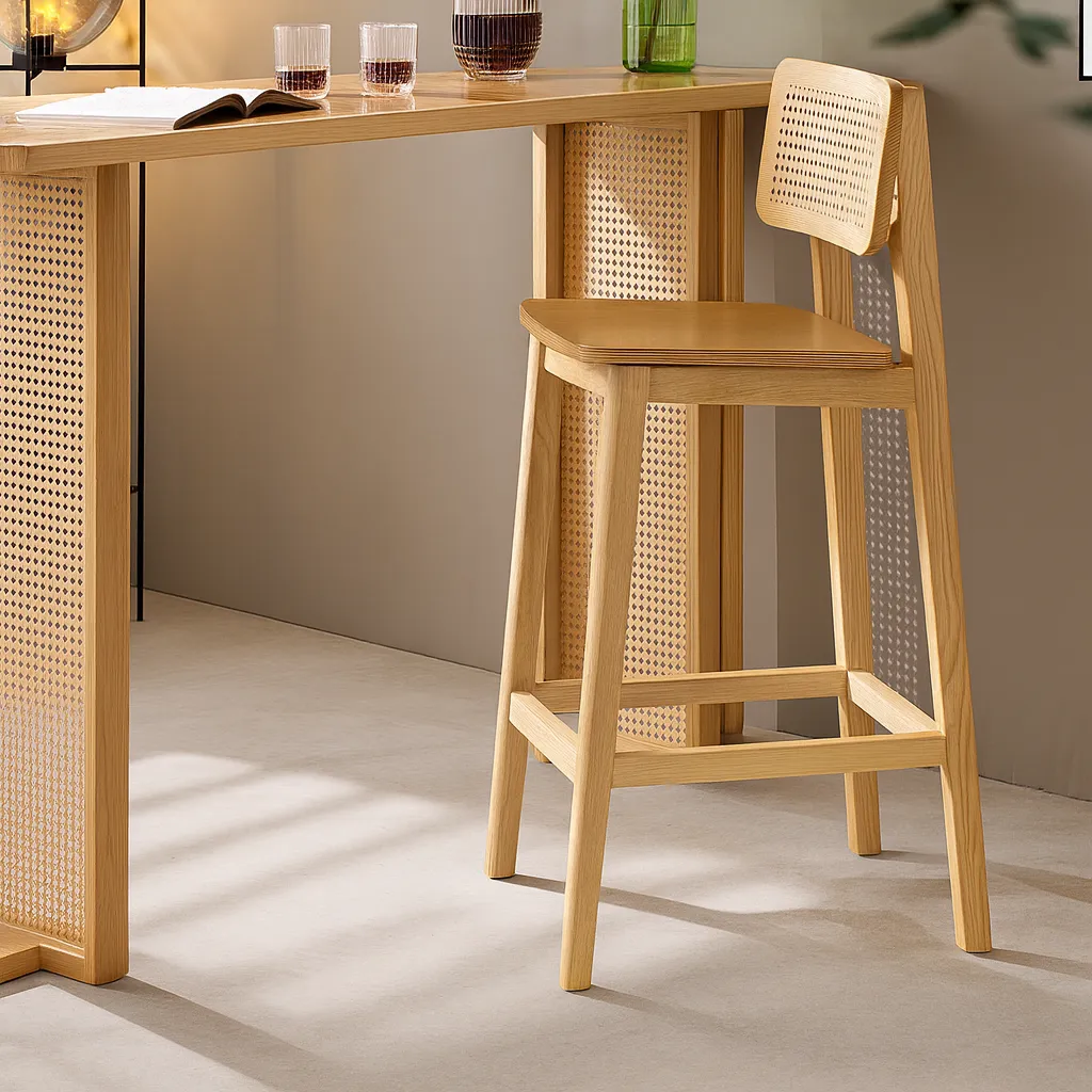 Modern Wooden Bar Stool With Rattan Backrest For Kitchen - Image 2