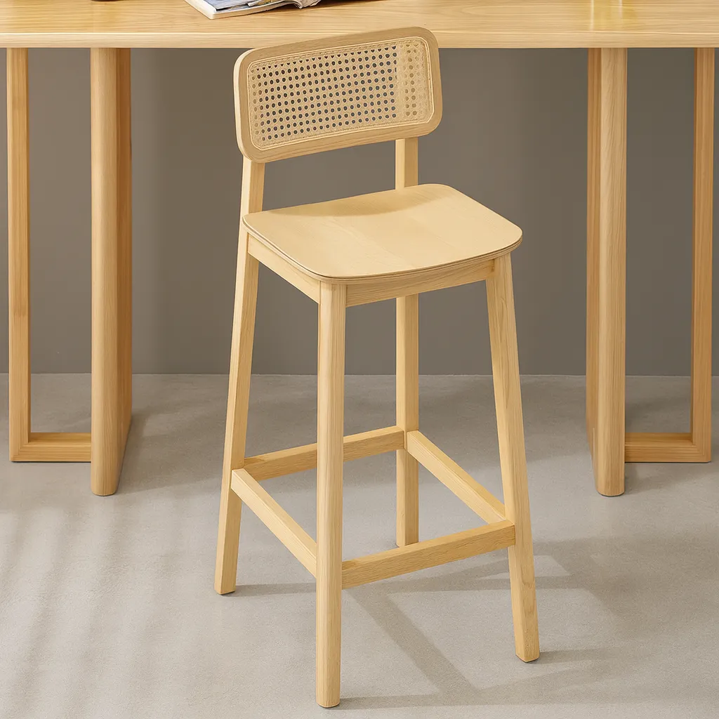 Modern Wooden Bar Stool With Rattan Backrest For Kitchen - Image 4