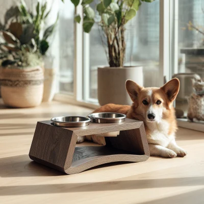 Alternative view of Modern Wooden Raised Pet Feeding Stand With Dual Bowls