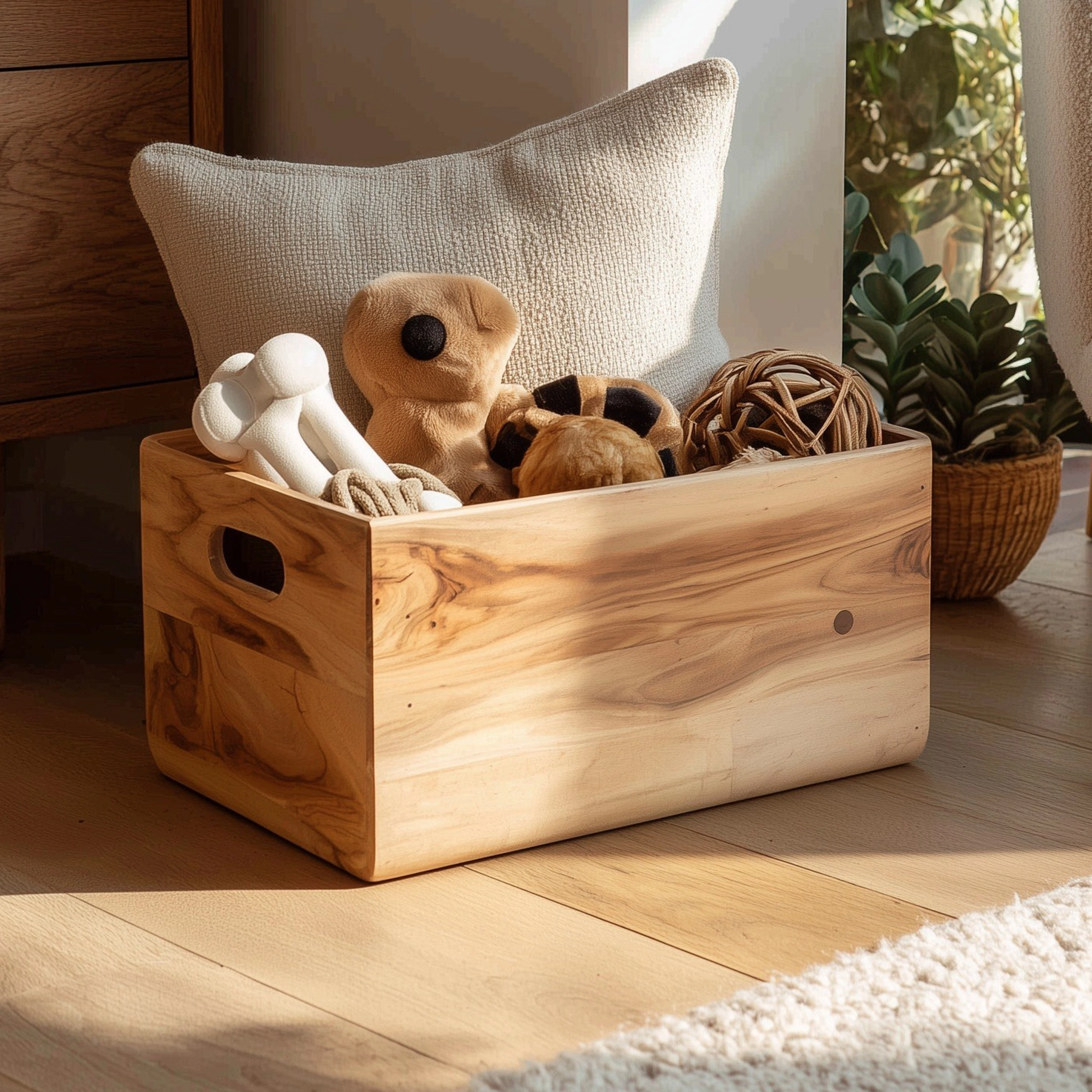 Natural Wooden Pet Toy Organizer Box With Side Handle