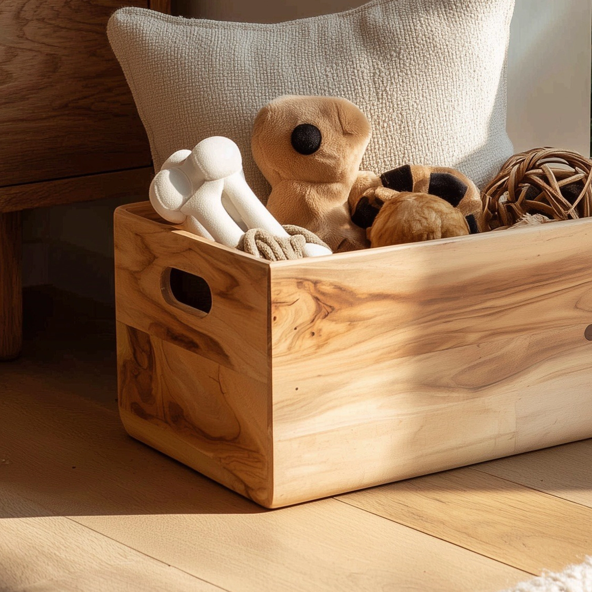 Natural Wooden Pet Toy Organizer Box With Side Handle - Image 3