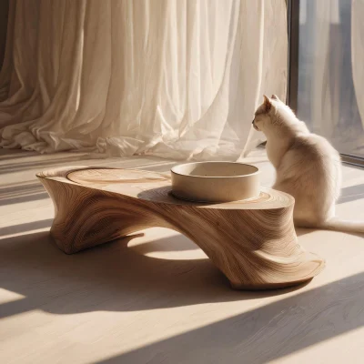 Organic Sculpted Wooden Cat Bowl Stand