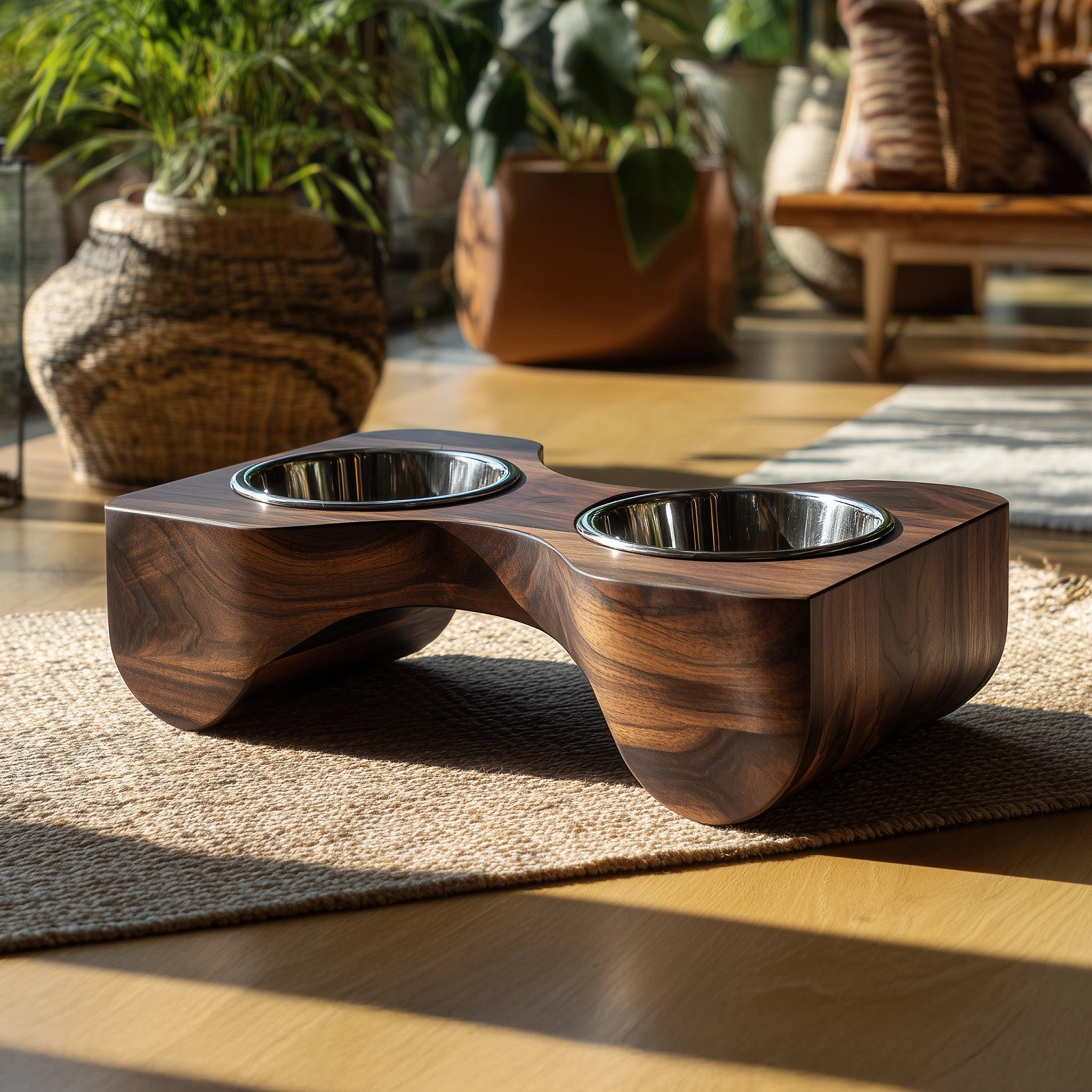 Sculpted Wooden Dual Bowl Pet Feeding Station For Indoor Use