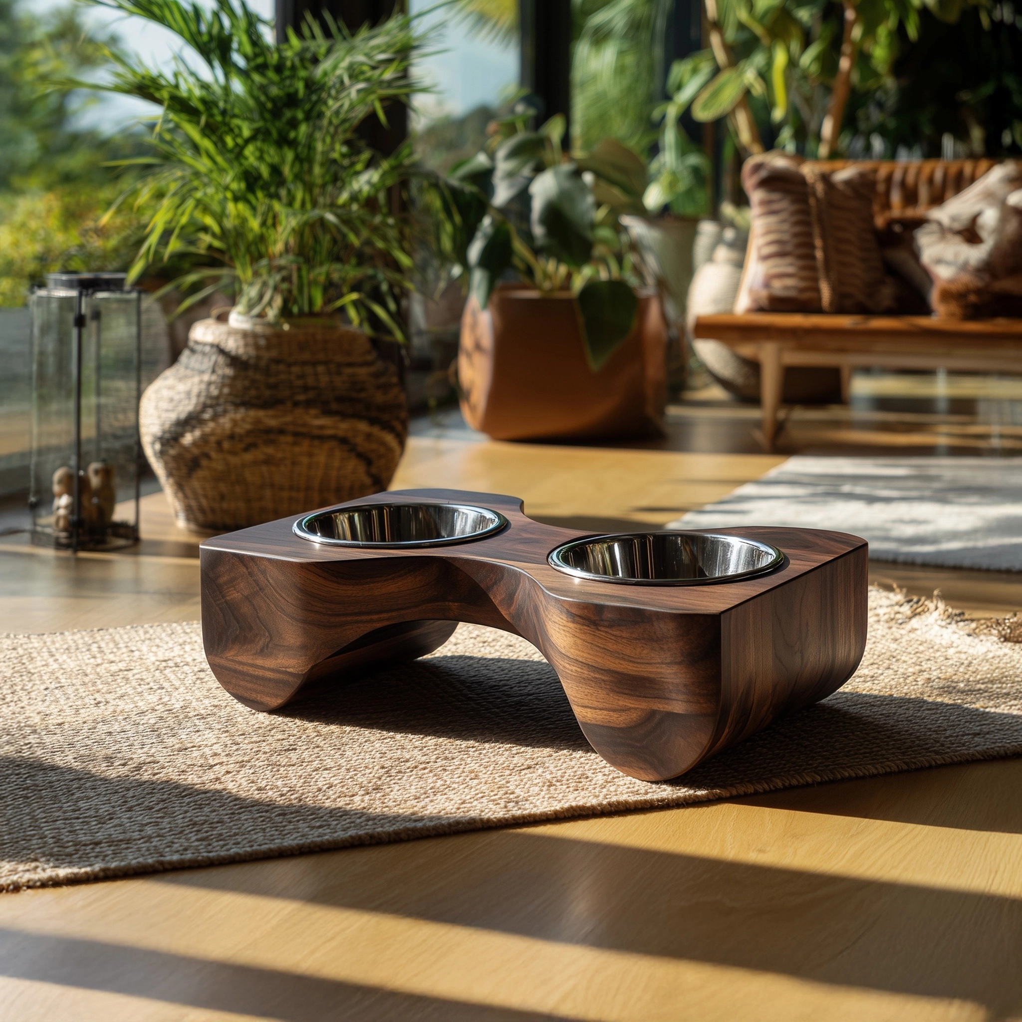 Sculpted Wooden Dual Bowl Pet Feeding Station For Indoor Use - Image 2