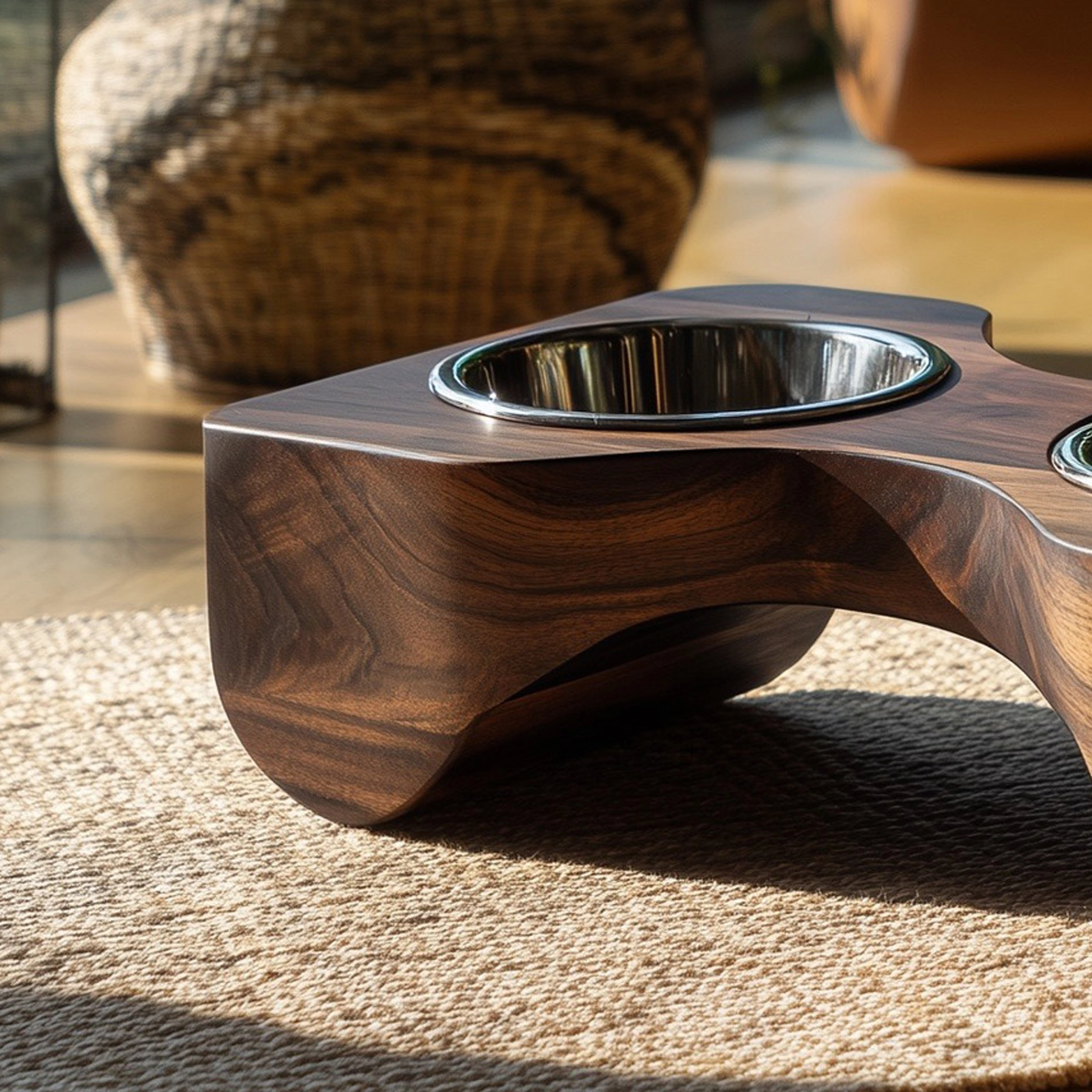 Sculpted Wooden Dual Bowl Pet Feeding Station For Indoor Use - Image 3