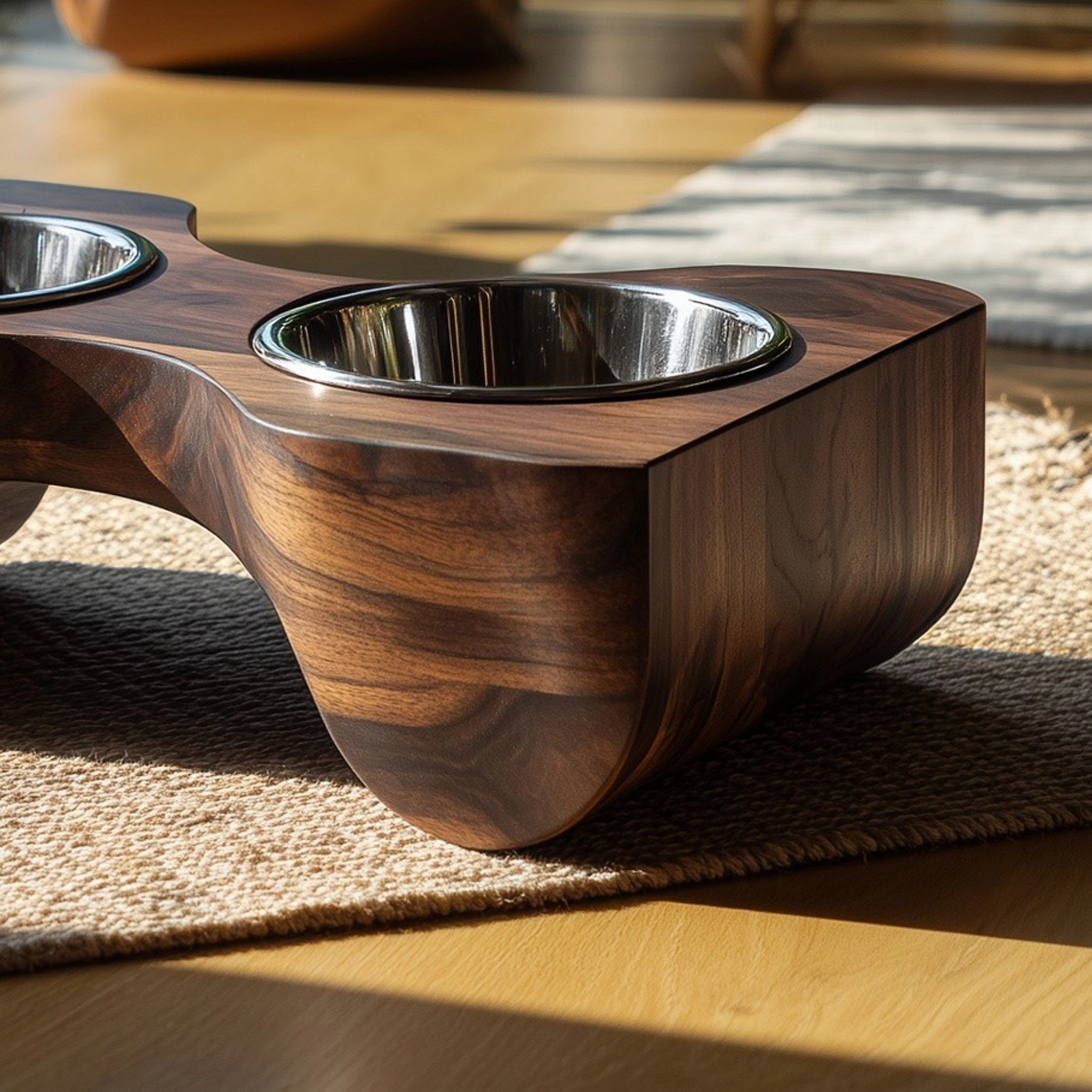 Sculpted Wooden Dual Bowl Pet Feeding Station For Indoor Use - Image 4