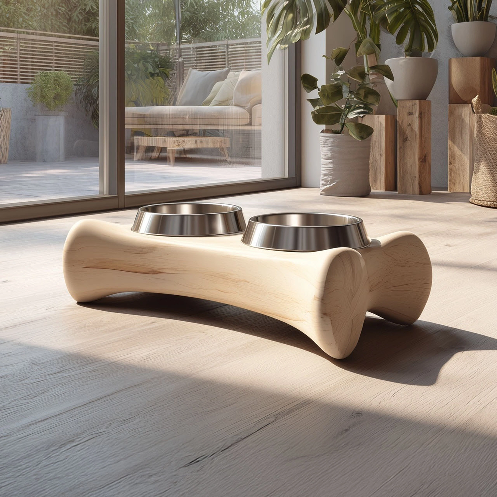 Sculptural Wooden Double Pet Bowl Stand