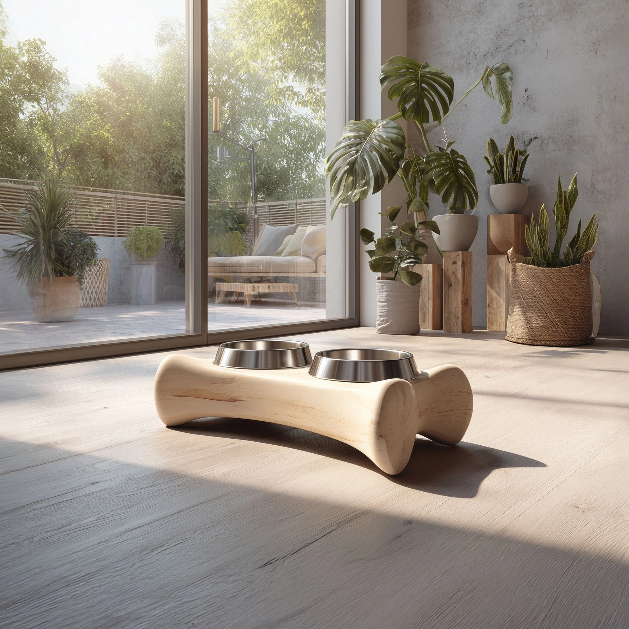 Sculptural Wooden Double Pet Bowl Stand - Image 2